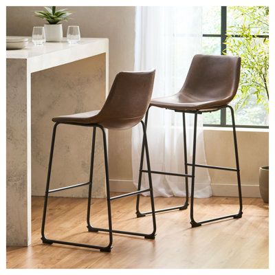 Set of 2 30" Vintage Brown Faux Leather Bar Stools with Sturdy Metal Frame - Comfortable Kitchen Counter Height Seating