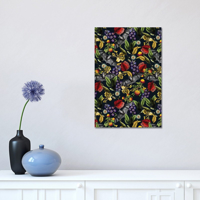 Flying Fox and Floral Pattern 1 Piece Wrapped Canvas Wall Art, 30.48 cm H x 45.72 cm W