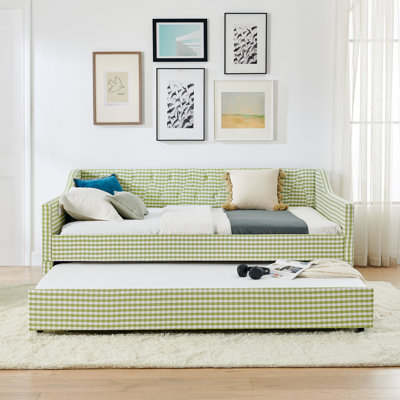 Full‑Size Daybed,Upholstered Convertible Daybed with Tufted Button Backrest, 3‑in‑1 Versatile Sofa Bed with Pull‑Out Trundle & Side Storage, Perfect for Compact Living-Green
