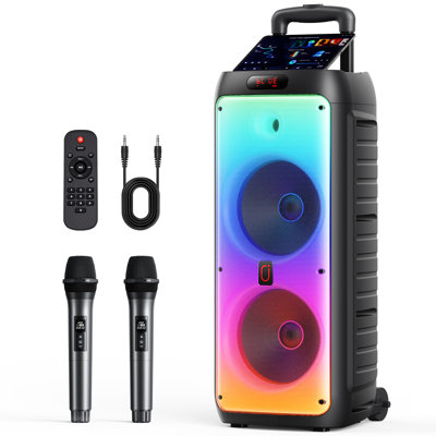 Powerful Rolling Karaoke Speaker with 2 Wireless Mics & RGB Lights - Portable TWS PA System with Remote for Home Parties, Outdoor Events & Weddings