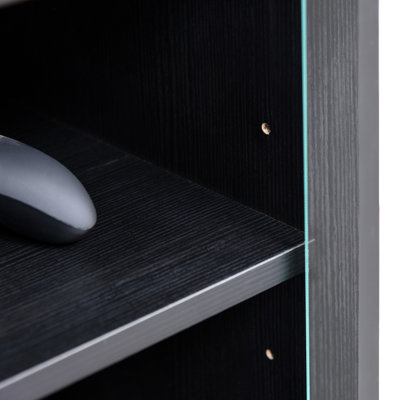 5 Media Storage Cabinet, Distressed Black. Tempered Glass Doors, Adjustable Shelves. Holds Player, Receiver, Gaming Console, Laptop, Books. Arranges Cables Logically Stand With Shelves And Cable