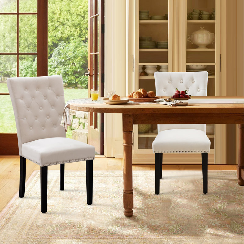Set Of 2 Velvet Upholstered High Back Tufted Parsons Dining Chair, Beige
