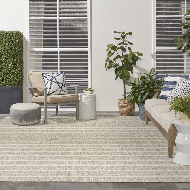 Shaila Striped Indoor/Outdoor Rug, Gray/Ivory, Rectangle 9' x 12'