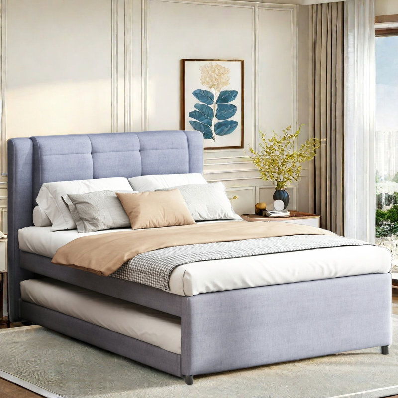 Tadi Upholstery Platform Bed with Multifunctional Trundle, Gray