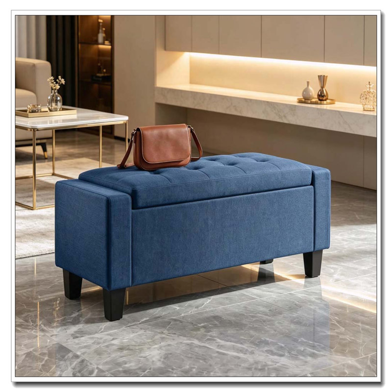 Banc repose-pieds capitonné avec pieds en bois, Bleu, Bleu