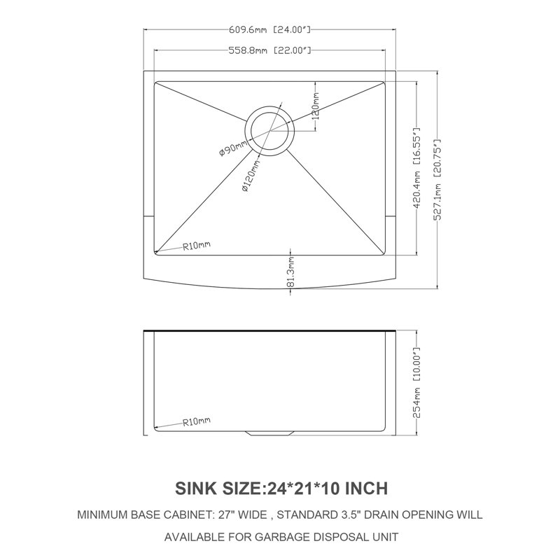 Évier de cuisine de 24 po - Tablier simple en acier inoxydable 24 x 21 x 10 avec cuve frontale 10 de calibre 16, construction T304, guide d'eau en forme de X, coin arrondi R10, revêtement, coussin en caoutchouc de 3 m, livré avec grille à vaisselle,