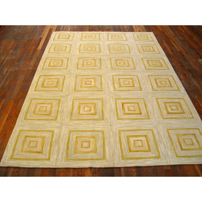 Decorative Soft Yellow Square Pattern Contemporary Handmade Cotton Hooked Rug