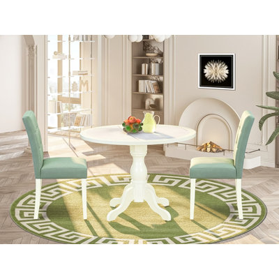 L'ensemble de table de salle à manger 3 pièces contient une table ronde et 2 chaises de salle à manger modernes en polyester vert avec dossier élégant - Blanc lin