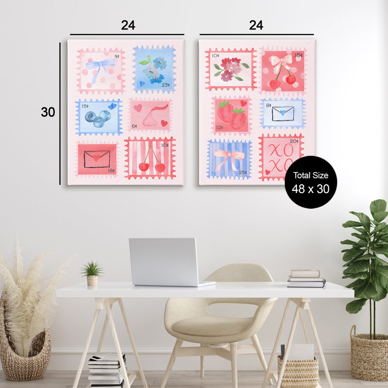Adorable ensemble de 2 toiles bleues et roses, design par Nina Jacobs, H 30 po x l 24 po