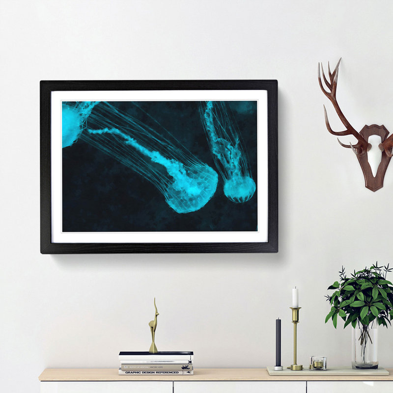 Neon Blue Jellyfish - Picture Frame Graphic Art Print, Black Framed, 24cm H x 33cm W x 2cm D