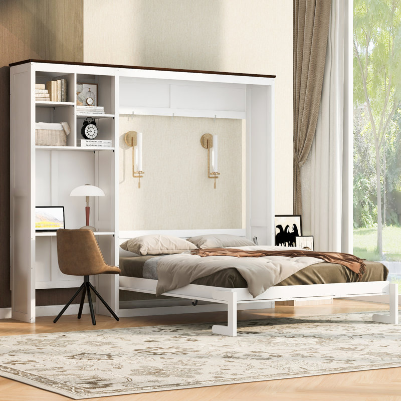 Grand lit escamotable avec bureau intégré et armoire de rangement multicouche, blanc