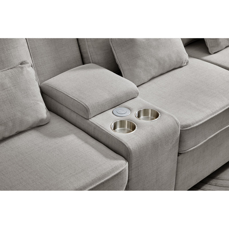 Revêtement moderne à 4 places avec console, 2 porte-gobelets et 3 ports câblés, coussins de canapé en tissu brun pour la vie en appartement, structure en bois massif, porte-gobelets de 114 po de douceur moyenne, ports Linen Touch