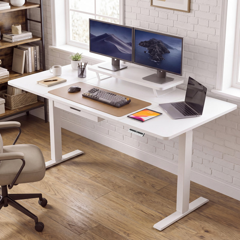 Adjustable Metal Base Standing Desk, 160cm W x 80cm D , White