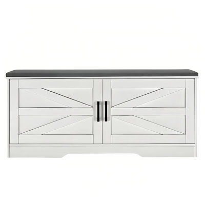 Shoe Bench, 2 Storage Bench In White With Padded Seat Cushion, Entryway Featuring 2 Barn Doors And Adjustable Shelves, Contemporary Design For Bedroom Living Room, Practicality Ideal Assembly