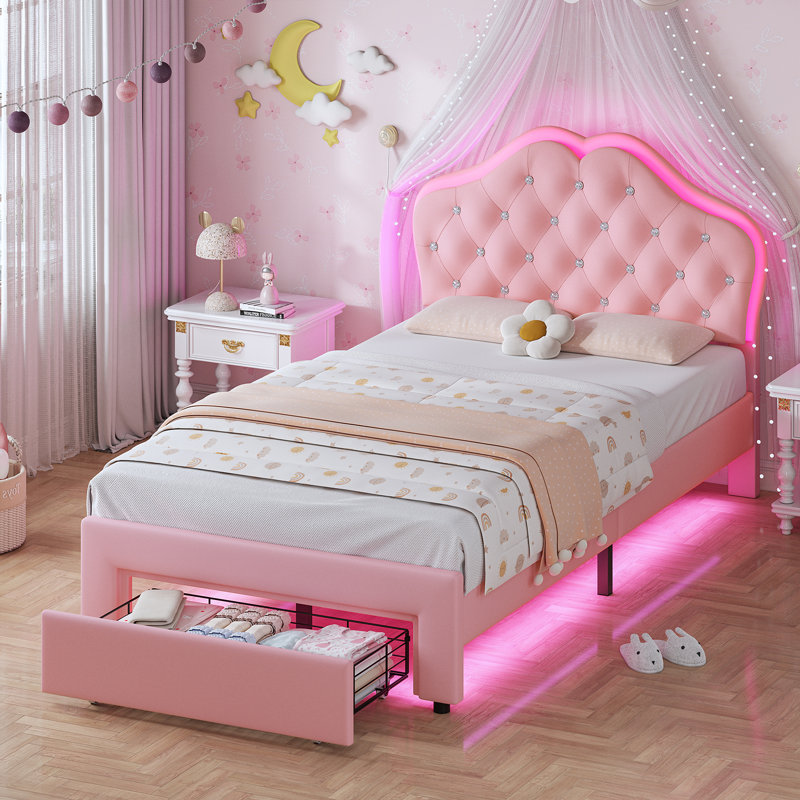 Princess Bed with Storage Drawer & LED Lights, Adjustable Headboard Upholstered Platform Bed with Velvet Crystal Button Princess Bed
