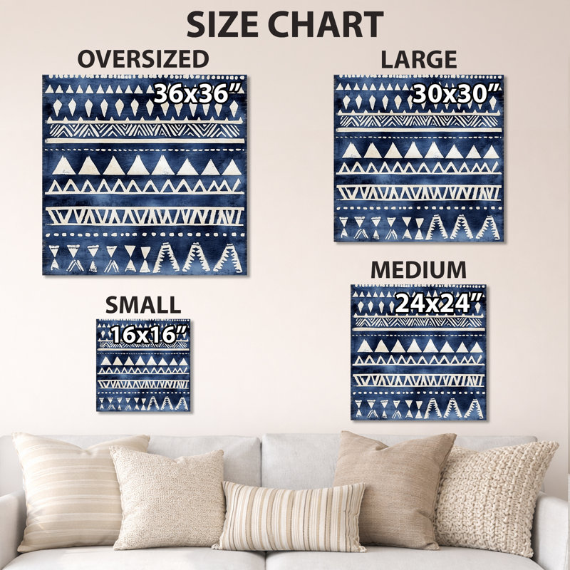 Motif tribal indigo - Boho abstrait, impression murale en métal, L 16 po x H 16 po