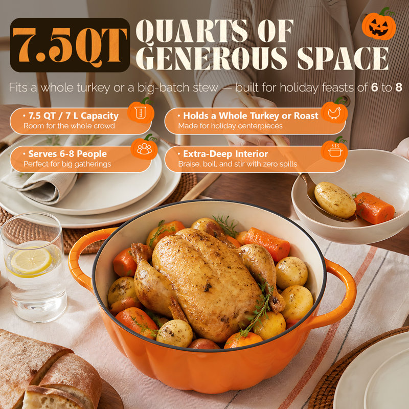 Cocotte en fonte émaillée en forme de citrouille d'Halloween de 7,5 litres avec maniques et gant de cuisine pour la cuisson au four, les ragoûts et les plats des fêtes