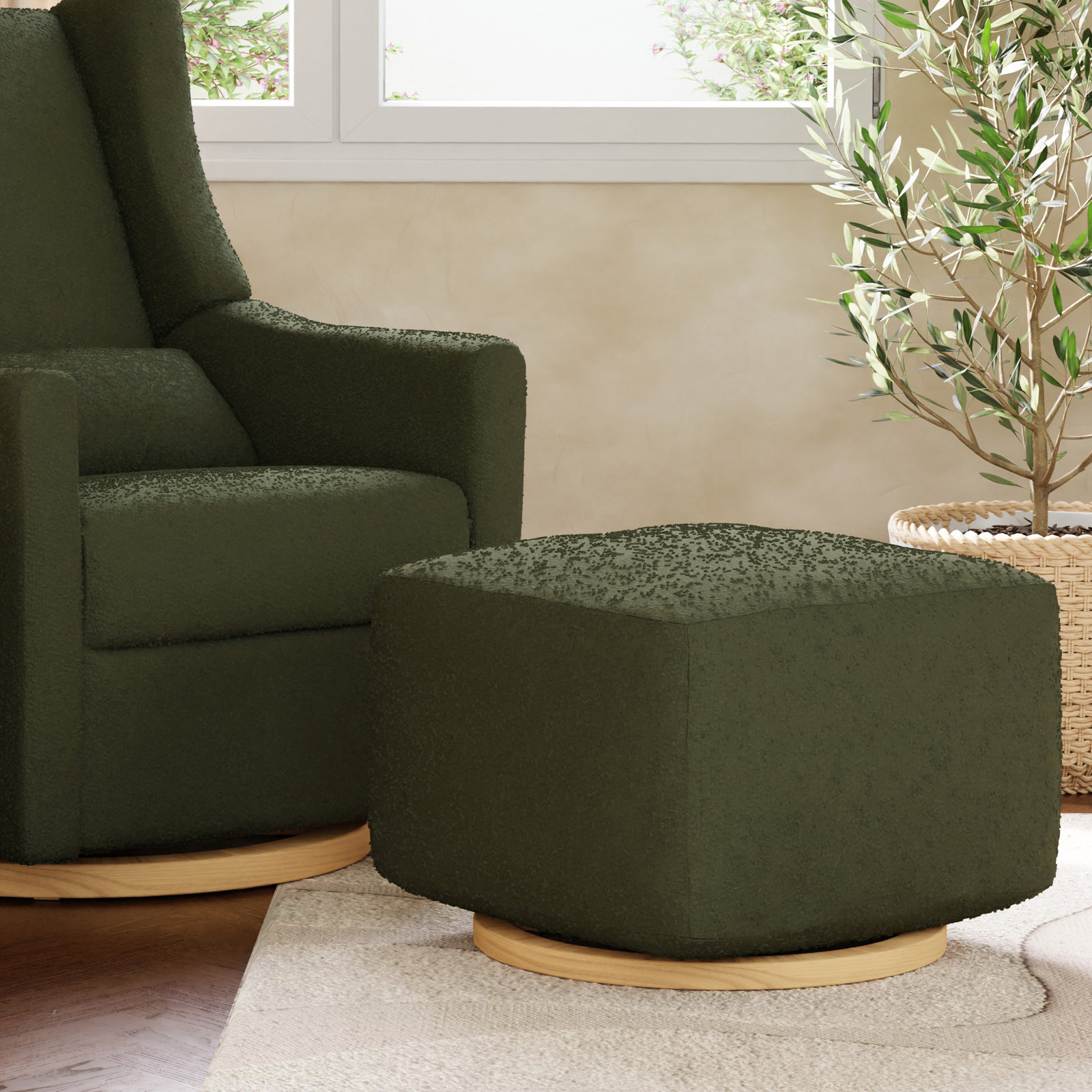 Kiwi Gliding Ottoman, Olive Boucle, Natural