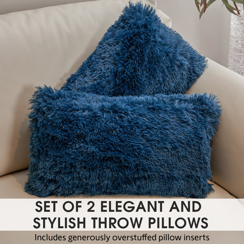 Navy Faux Fur Shaggy Throw Pillows Set of 2