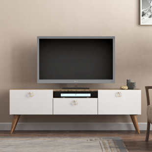 Meuble télé moderne avec plusieurs tablettes, finition chêne et blanc, 55,1 po x 21,3 po x 13,8 po | 100% panneau de particules enduit de mélamine, épaisseur: 0,7 pouce | Design scandinave élégant avec pieds en plastique durable