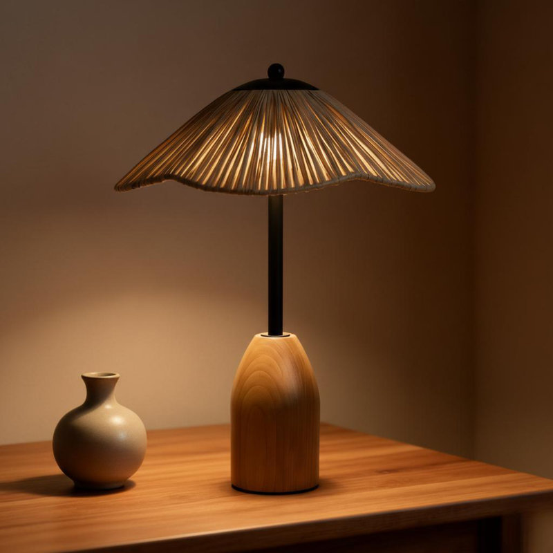 Lampe de table en grain de bois massif Farmhouse Chic - Lampe de chevet à chevet en rotin - Décoration vintage
