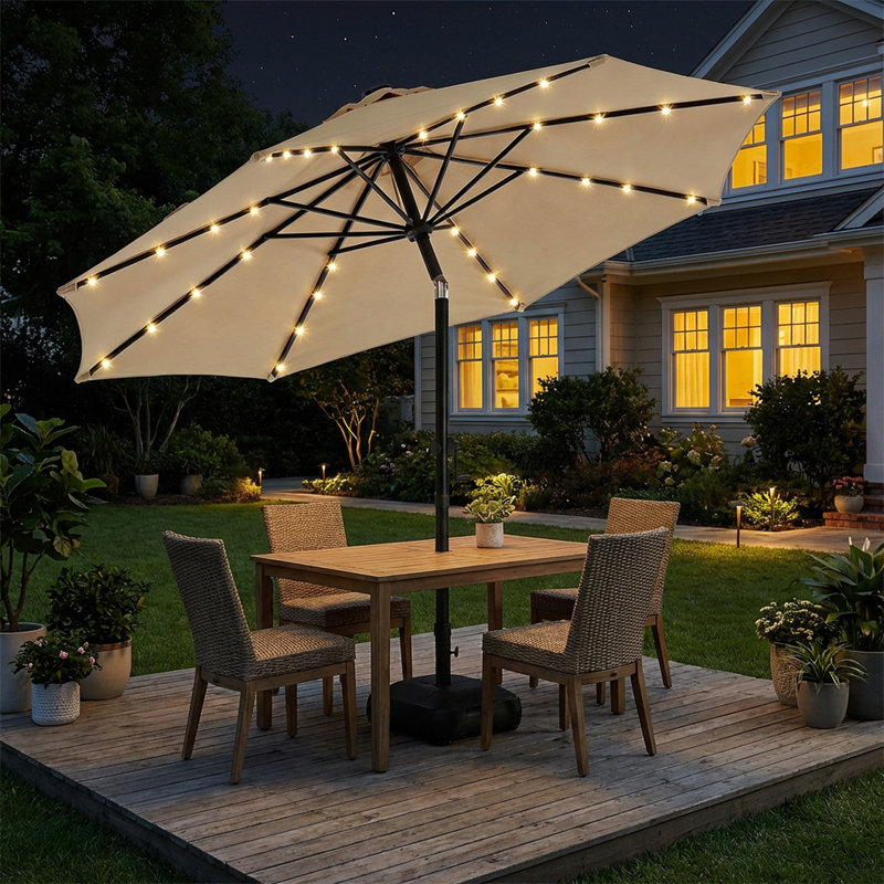 Parasol solaire à DEL avec base et bouton-poussoir, H 100 po x l 108 po x P 108 po, Beige
