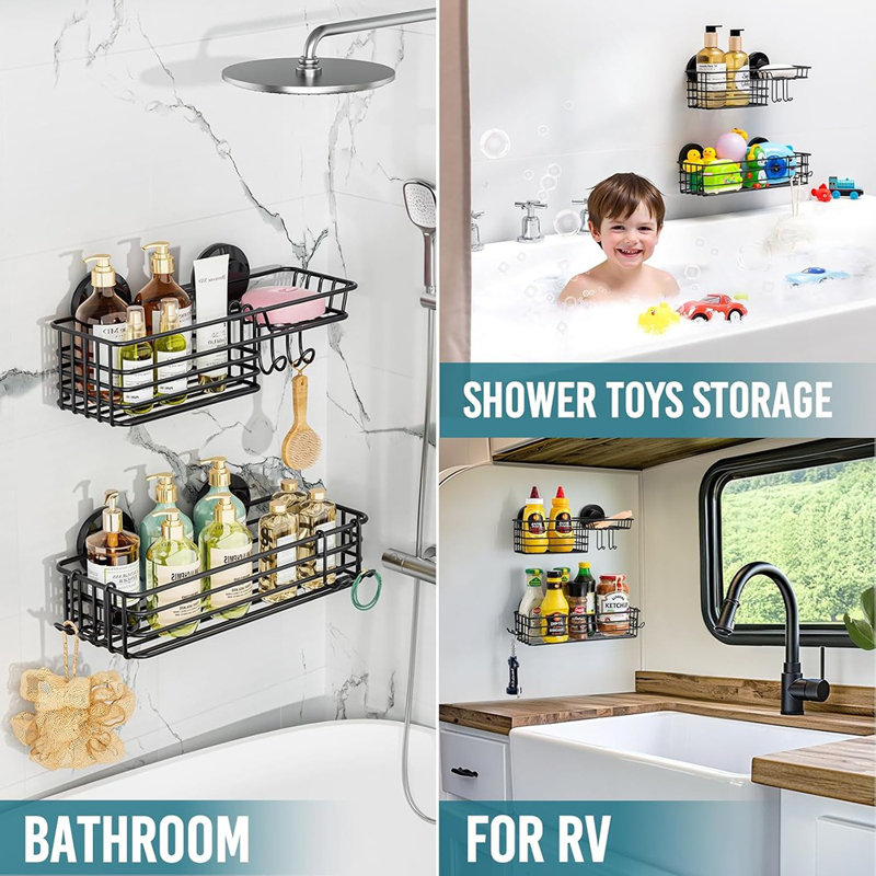 Ensemble de 2 ventouses de douche - noir - organisateur de salle de bain robuste avec crochets et porte-savon, panier de rangement en métal sans grande perceuse
