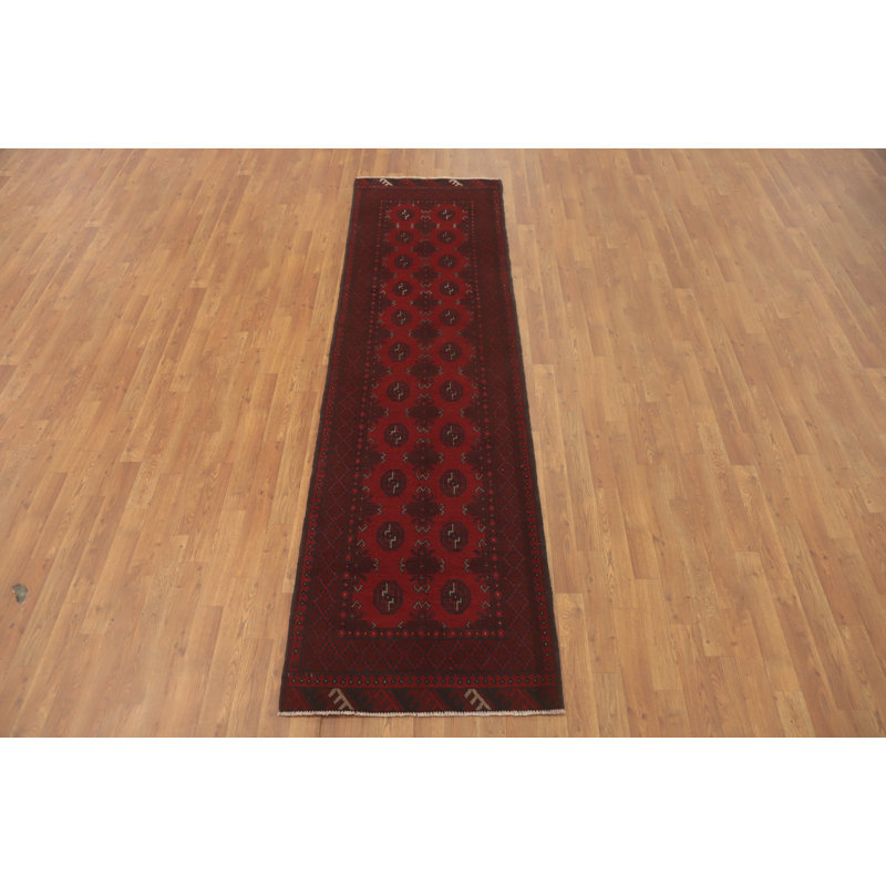 Tapis de couloir oriental rouge à motif géométrique 3 x 9