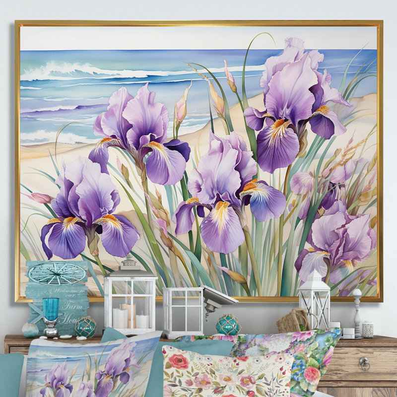 Iris mauves sur la plage sur toile, H 24 po x l 32 po x P 1 po, Cadre flottant doré