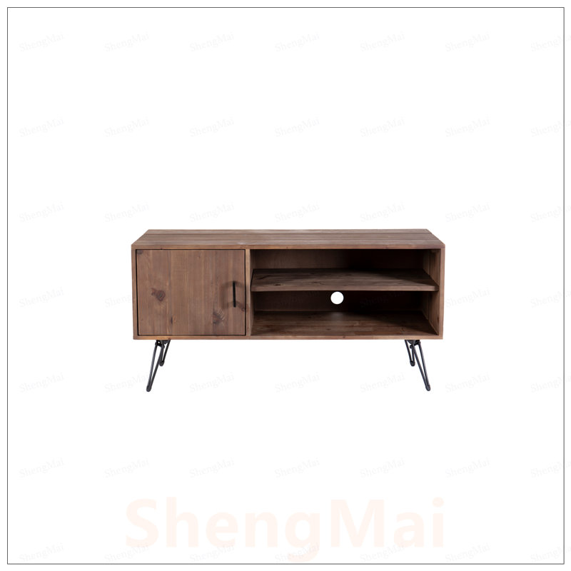 Meuble télé simple, moderne et rétro en bois récupéré avec armoire et tablettes ouvertes pour le salon