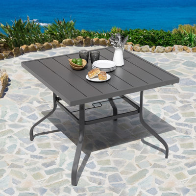 Outdoor Square 37 Inch Iron Long Dining Table with 1.57'' Umbrella Hole, Slatted Tabletop and Powder-coated Iron Frame, for Patio