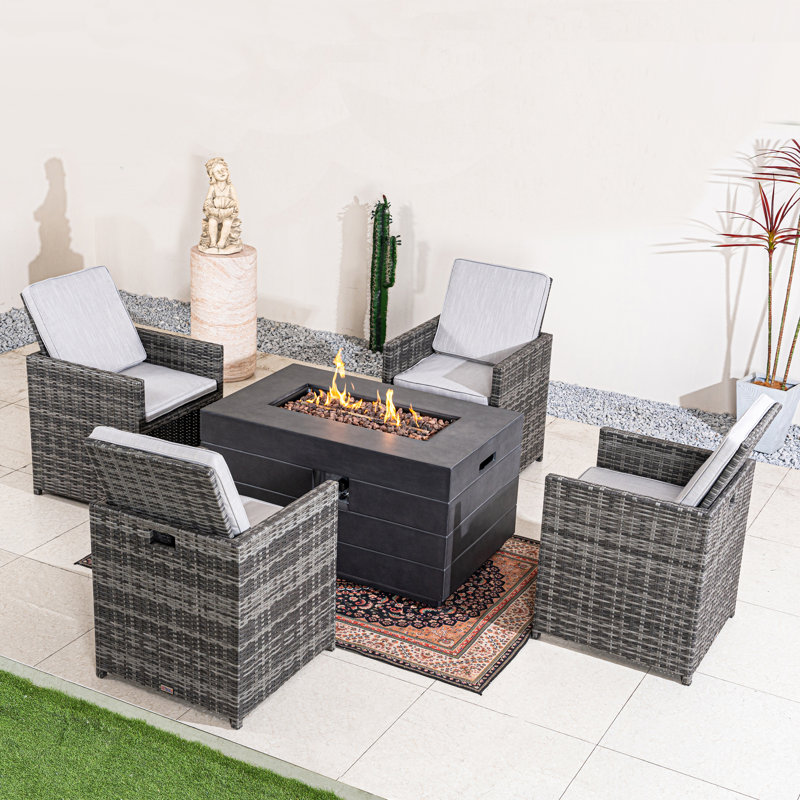 Ensemble de conversation d'extérieur 5 pièces avec table de foyer et chaises en osier d'aluminium, Gris, Gris
