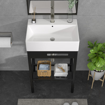 Freestanding Utility Sink Ceramic Rectangular Console Bathroom Sink Wall-mount Bathroom Basin with One Faucet Hole,Washboard,Stainless Steel Bracket