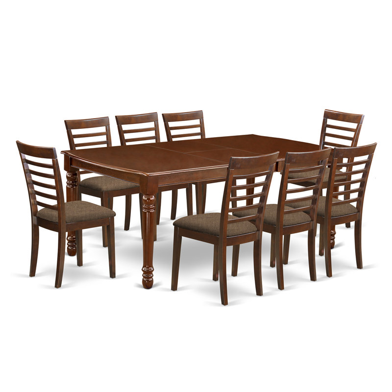 9 Piece Kitchen Table Set Includes a Rectangle Dining Table with Butterfly Leaf and 8 Linen Fabric Upholstered Dining Chairs, 42x78 Inch, Mahogany
