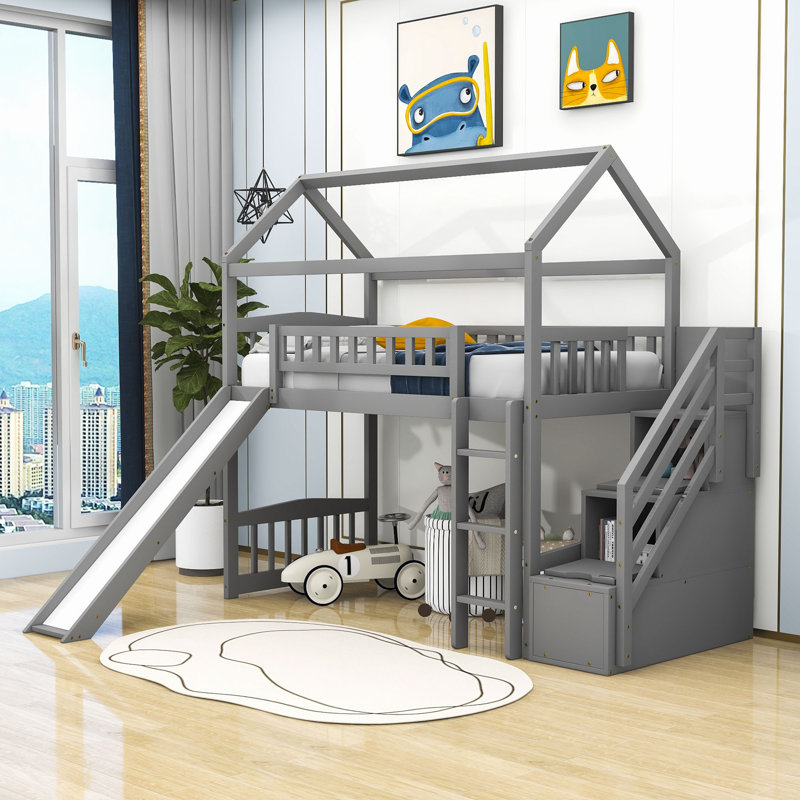 Lit mezzanine simple avec glissière et rangement Kaing, gris