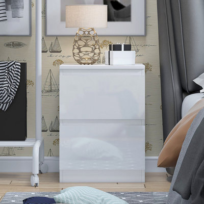 Carlton 2 Drawer Bedside Table Nightstand: High Gloss Front. Scratch Resistant. Handleless Design.
