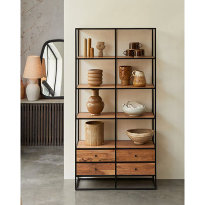 Metal Frame Wood Shelf Bookcase with Drawersc