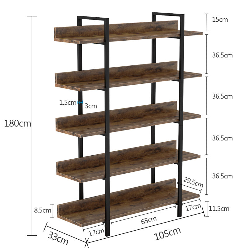 Bookshelf Bookcase Storage Rack Standing Shelf 5-Tier Industrial Bookcase Honesdale