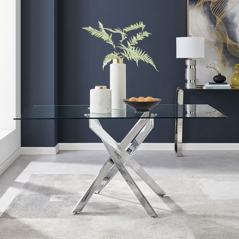 Lenworth Modern Metal and Glass Dining Table Seats 4 or 6, Silver, 29.9" H x 59" L x 35.4" W