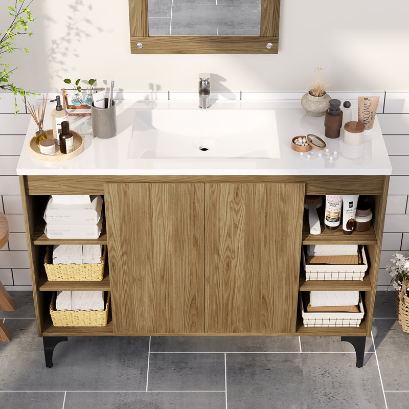 Meuble-lavabo simple 48 po avec plateau en résine et lavabo sur pied, Marron clair