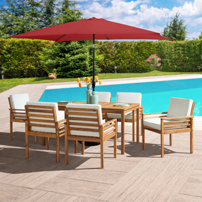 Ensemble 8 pièces de table Okemo avec 6 chaises et parasol rectangulaire de 10 po (rouge)