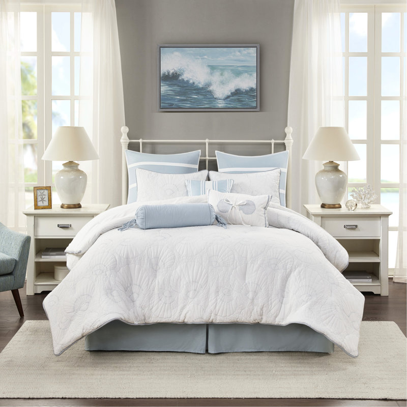 Édredon blanc grand, 100% coton avec matelassage bleu, comprend un édredon, une jupe de lit et 2 taies décoratives de style bord de mer