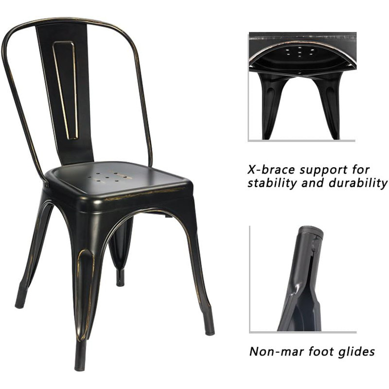Metal Indoor-Outdoor Chairs Distressed Style Kitchen Dining Chairs Stackable Side Chairs With Back Set Of 4, Dark Gray