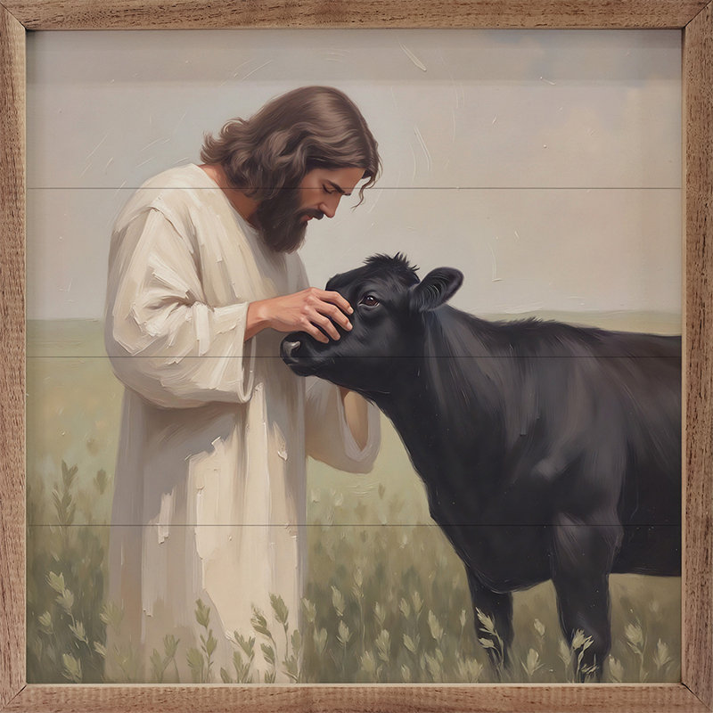 Jésus et la petite vache Angus, H 24 po x l 24 po