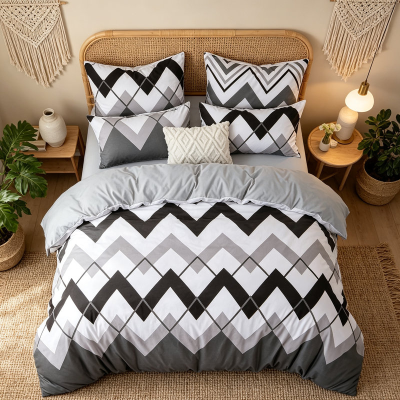 Ultrasoft Microfiber Double Duvet Set - Modern Zigzag, Zipper Closure, Easy Care