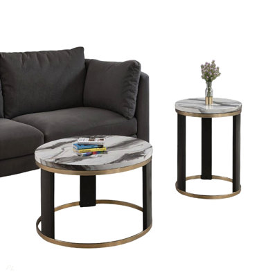 Contemporary Style Triangle 3pc Table Set 1x Coffee Table 2x End Table Marble Top Gold Ring Wooden Legs Primary Living Room