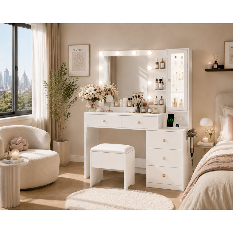 Vanity Desk with Mirror and Lights, Makeup Vanity with 5 Drawers and Hidden Jewelry Organizer, White