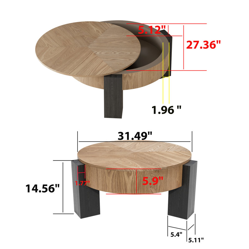 Table basse ronde de 33 pouces avec compartiment caché, placage de parquet de style, 3 pieds solides, parfait pour les salons confortables, agencement de couleurs naturelles et noires, surface de rangement laquée de 33 po,