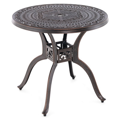 Rustproof Weather Resistant Scratch Proof Heavy Duty 31.5 Inch Cast Aluminum Round Patio Dining Table With Pre Drilled Umbrella Hole And Stable Non Slip Base For Backyard Garden