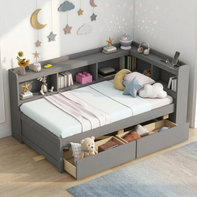 Lit simple en forme de L avec bibliothèques Sailvan, prises de courant, ports de charge USB, deux tiroirs